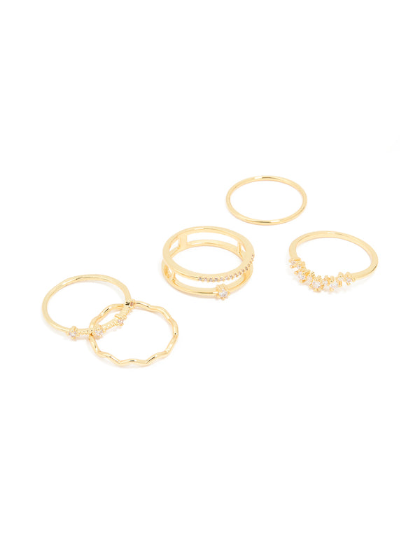 Gold Plated Cubic Zirconia Wavy Adjustable Rings 6-Pack