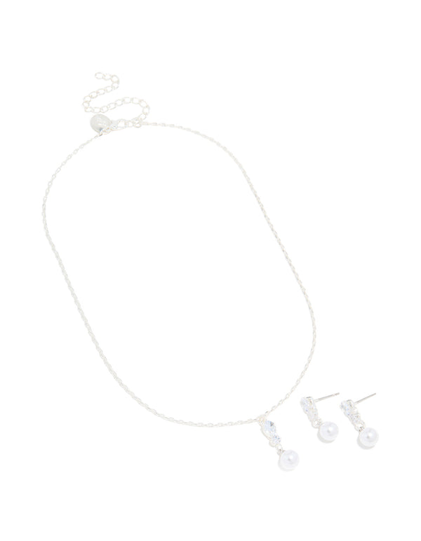 Silver Plated Cubic Zirconia Pearl Teardrop Earrings & Necklace Set