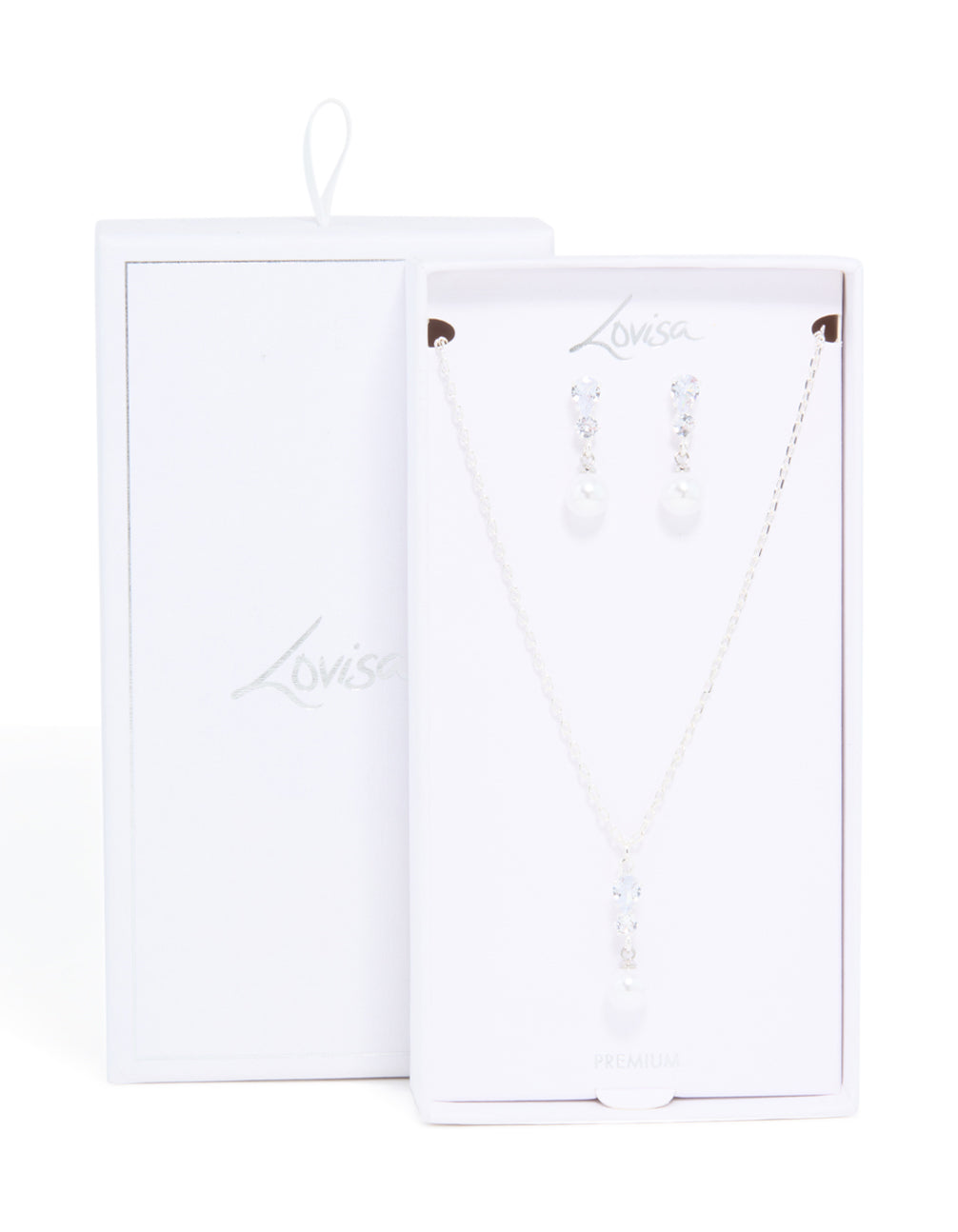 Silver Plated Cubic Zirconia Pearl Teardrop Earrings & Necklace Set