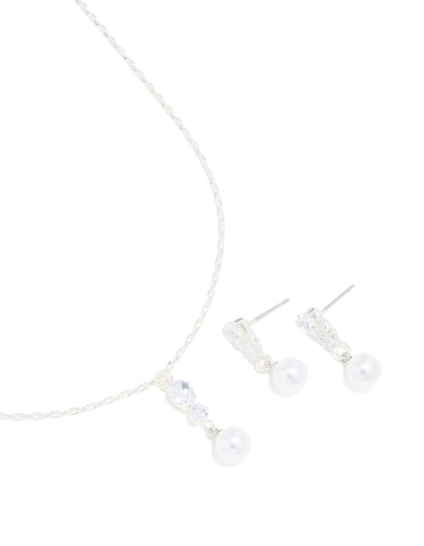 Silver Plated Cubic Zirconia Pearl Teardrop Earrings & Necklace Set