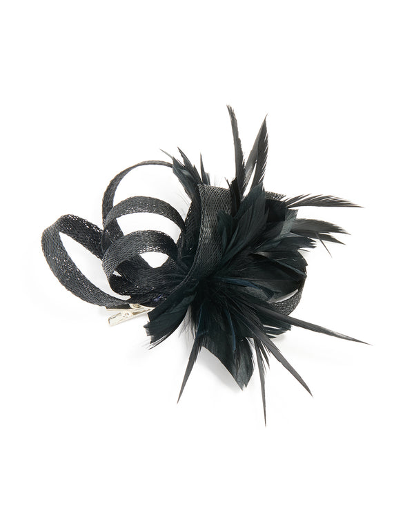 Black Fabric Loop Feather Hair Clip