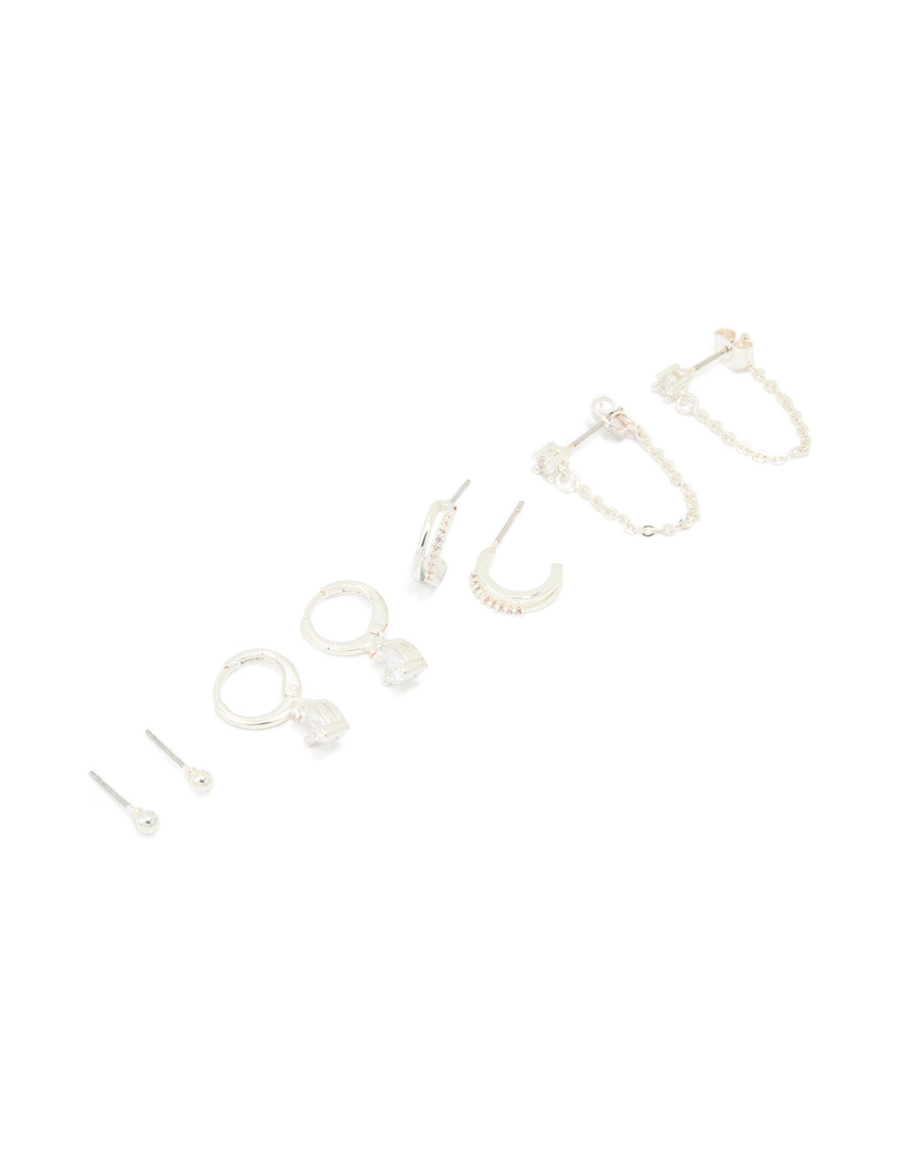 Discover dainty charm heart huggie and stud earrings crafted from silver plated brass with cubic zirconia in a 4-pack front view