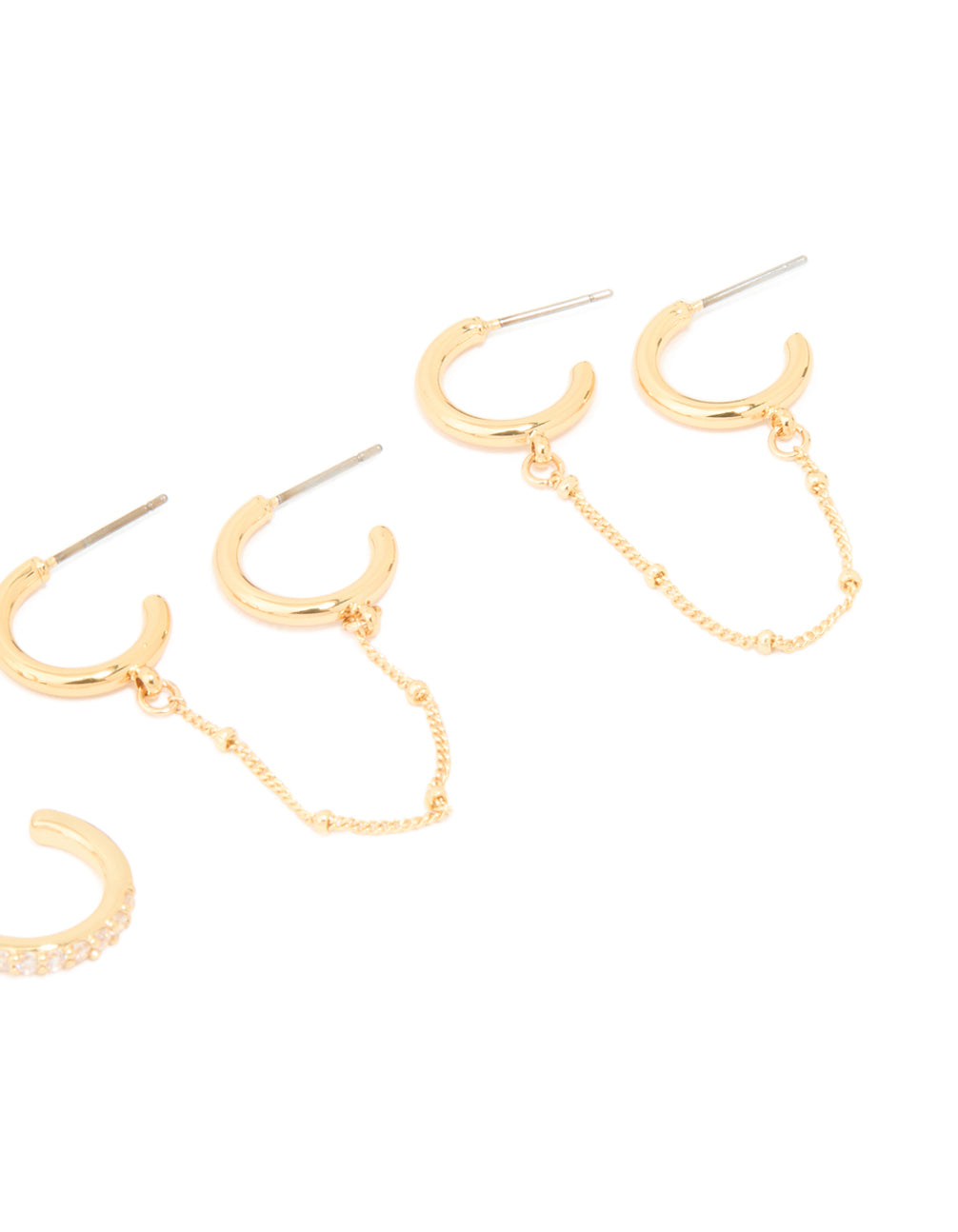 Designed with gold plated brass hoops featuring cubic zirconia and delicate chain accents in a 3-pack set post detail view