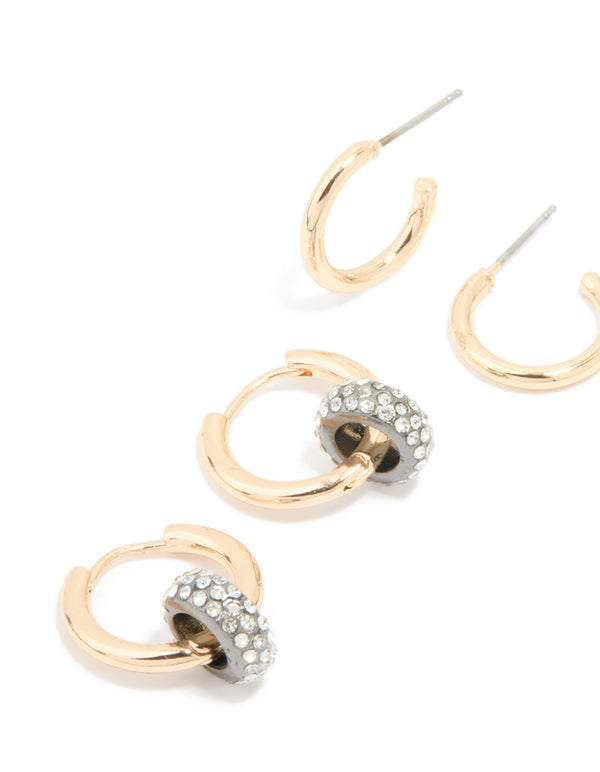 Mixed Metal Diamante Hoop & Stud Earrings 3-Pack