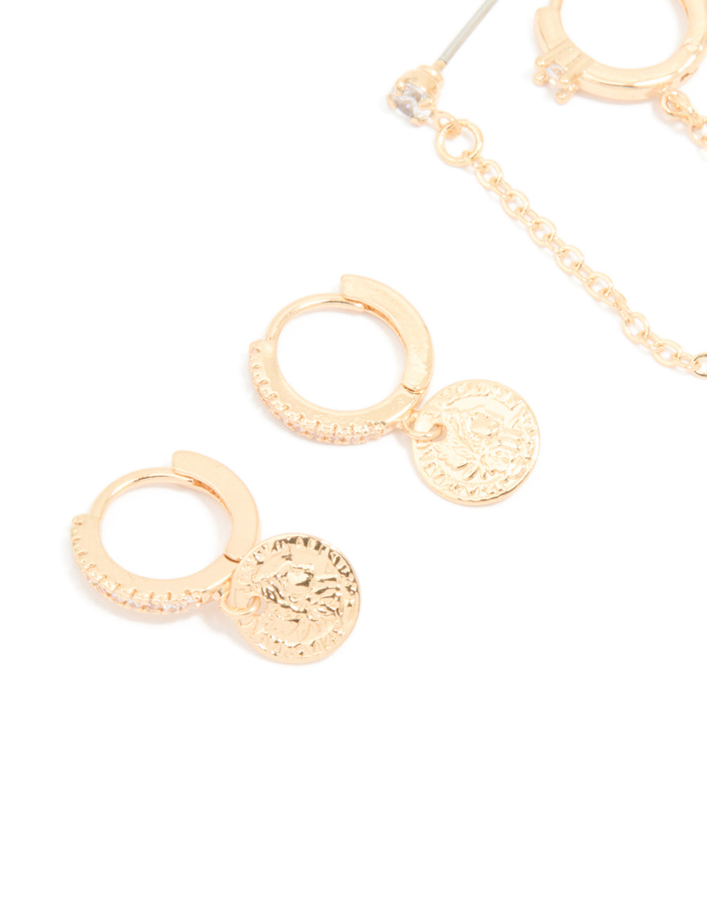 Gold Cubic Zirconia Molten Huggies & Chain Earrings 3-Pack