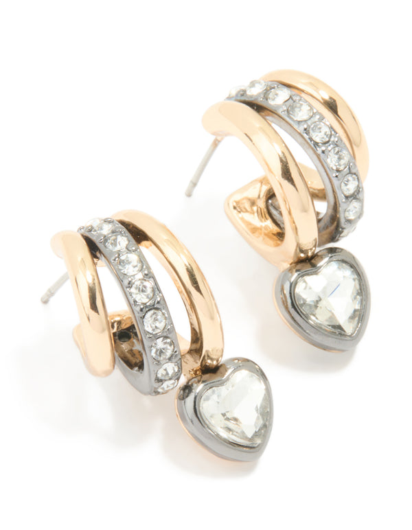 Mixed Metal Heart Diamante Triple Hoop Earrings