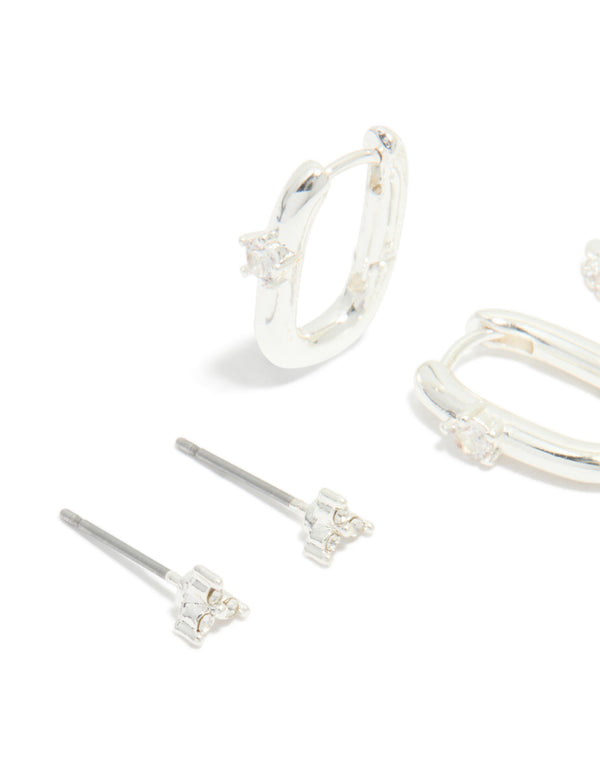 Silver Cubic Zirconia Rectangle Hoop & Stud Earrings 3-Pack