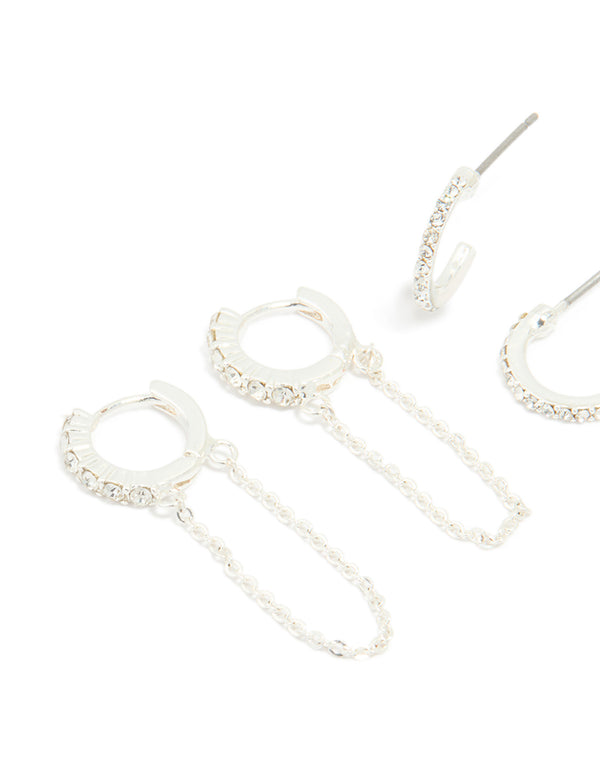 Silver Diamante Heart Hoop & Chain Earrings 3-Pack