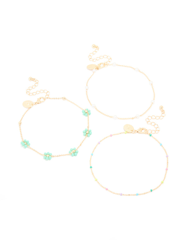 Gold Pastel Beaded & Pearl Flower Anklets 3-Pack