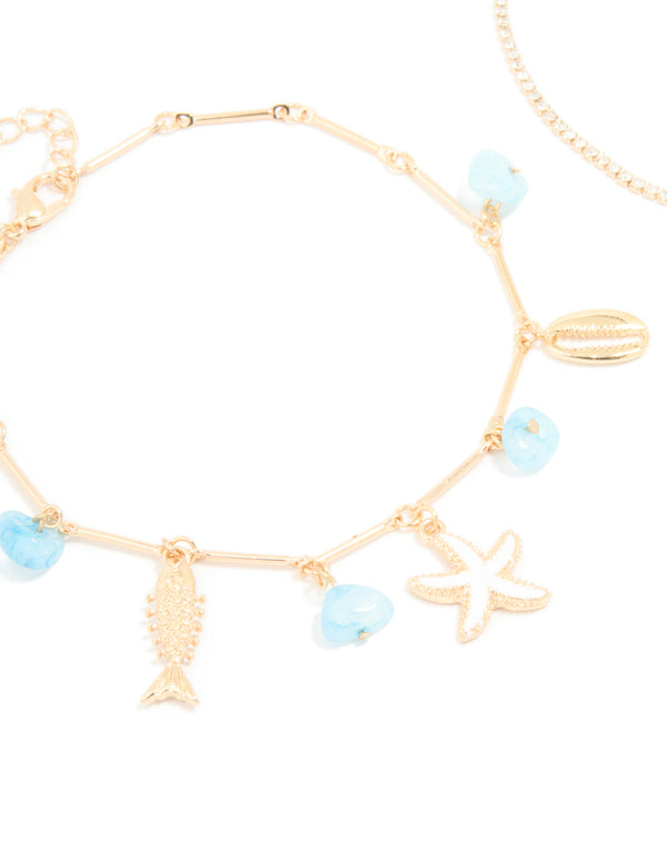 Gold Diamante Cupchain & Fish Star Charm Anklets 2-Pack