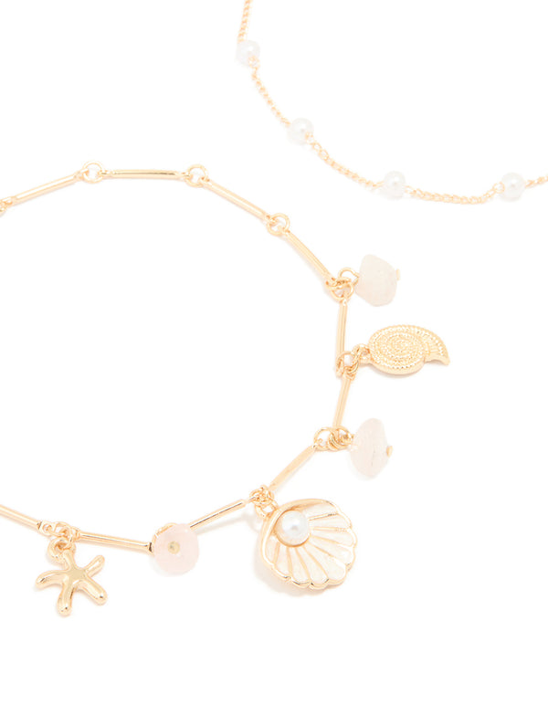 Gold Pearl & Shell Anklets 2-Pack