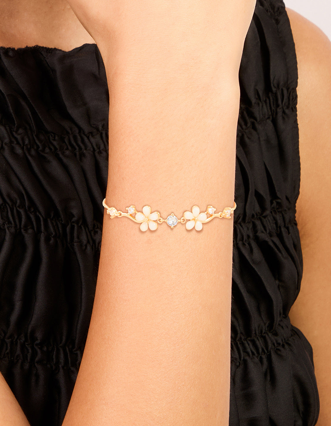 Gold Plated Cubic Zirconia Flower Detail Toggle Bracelet