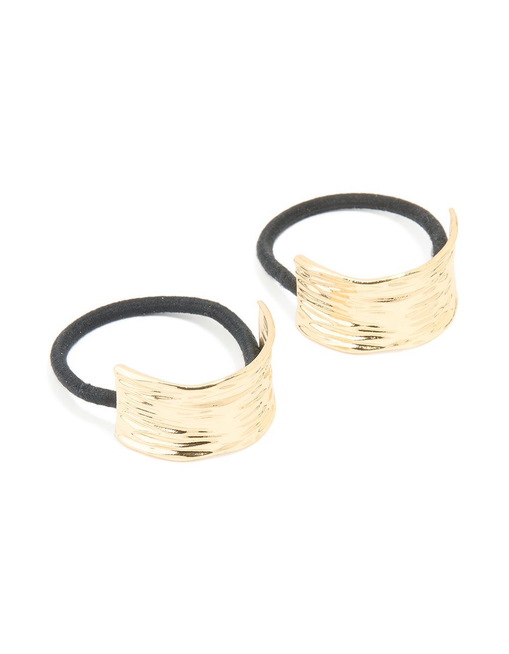 Discover gold textured curved hair ties in a 2-pack with black elastic bands front view