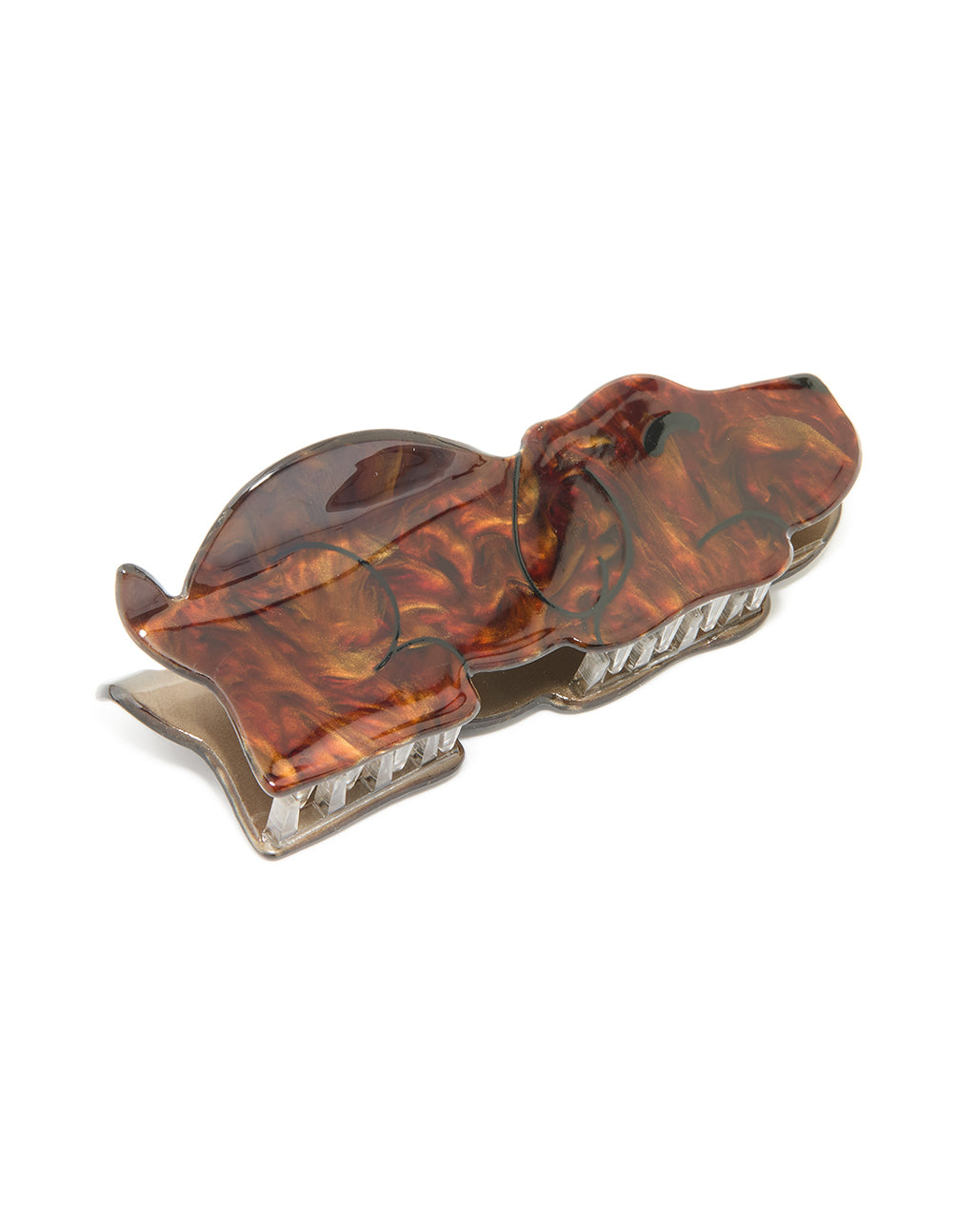 Featuring a dog-shaped acrylic claw clip in solid brown with saddle and tan tones, accented by gold hardware front view