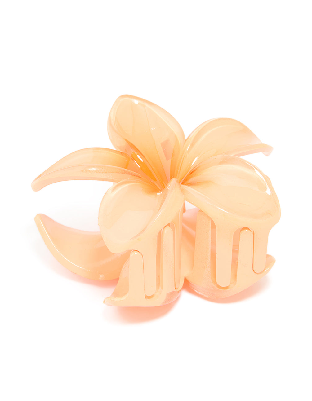 Showcasing an orange ombre frangipani flower claw clip with floral design in peachpuff tones side view