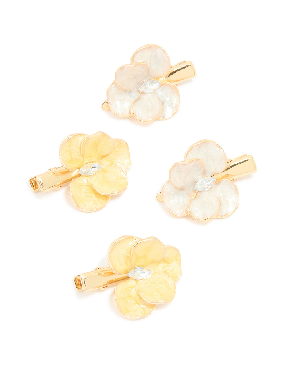 Showcasing enamel orchid flower hair clips in a 4-pack in gold accents front view