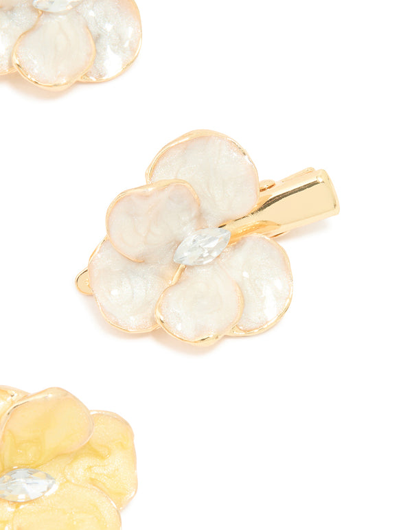 Gold Enamel Orchid Flower Hair Clips 4-Pack