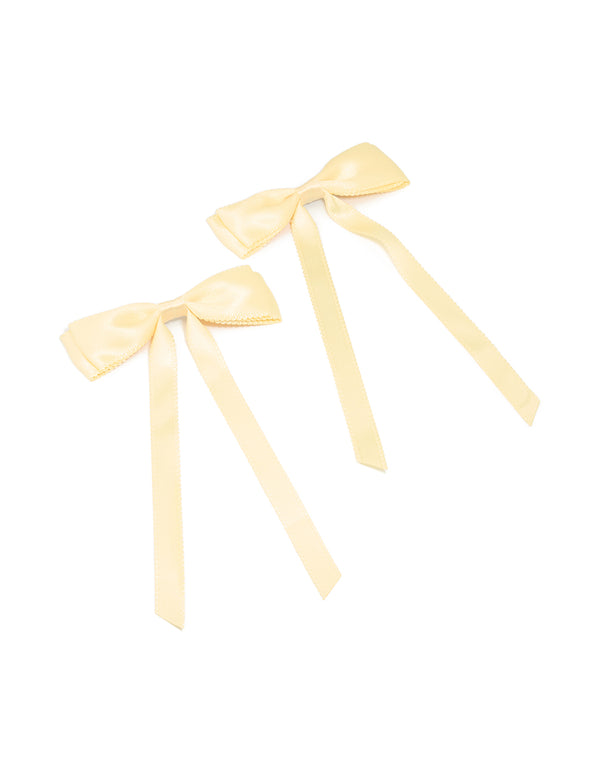 Butter Yellow Satin Fabric Scallop Bow Hair Clips 2-Pack