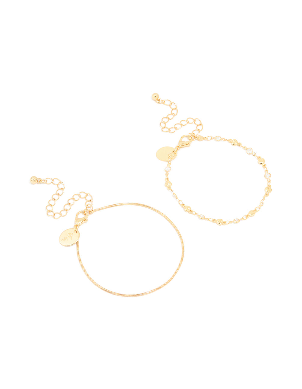 Gold Cubic Zirconia Heart & Snake Chain Bracelets 2-Pack