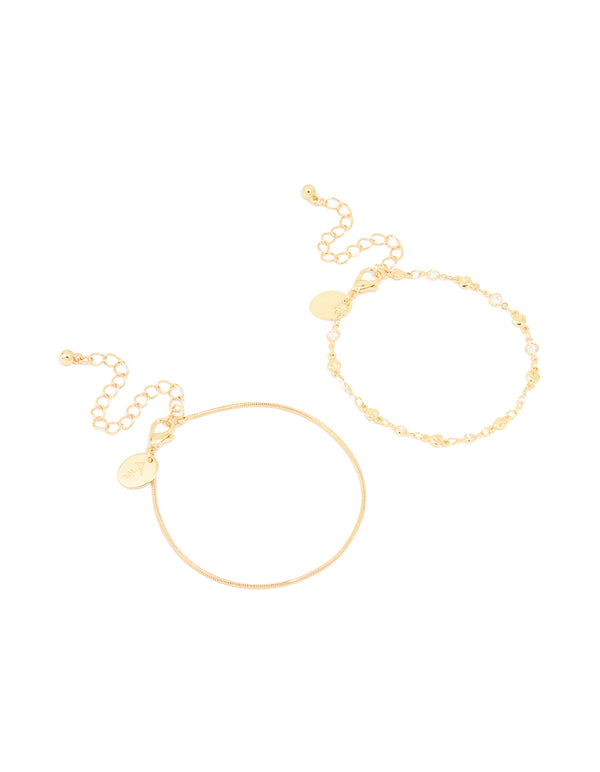 Gold Cubic Zirconia Heart & Snake Chain Bracelets 2-Pack