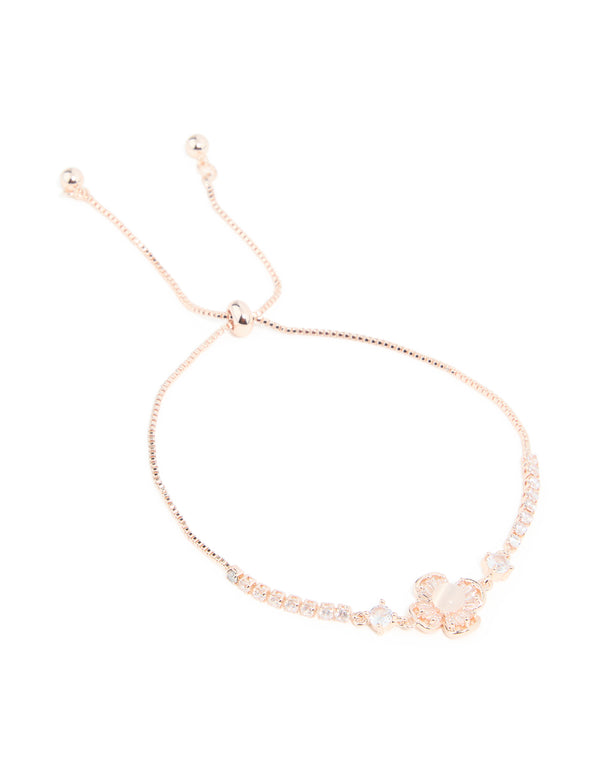 Rose Gold Plated Cubic Zirconia Pink Flower Toggle Bracelet