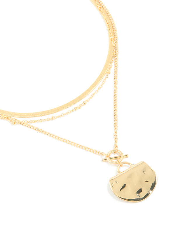 Gold Plated Chain & Hammered Circle Layered Necklace