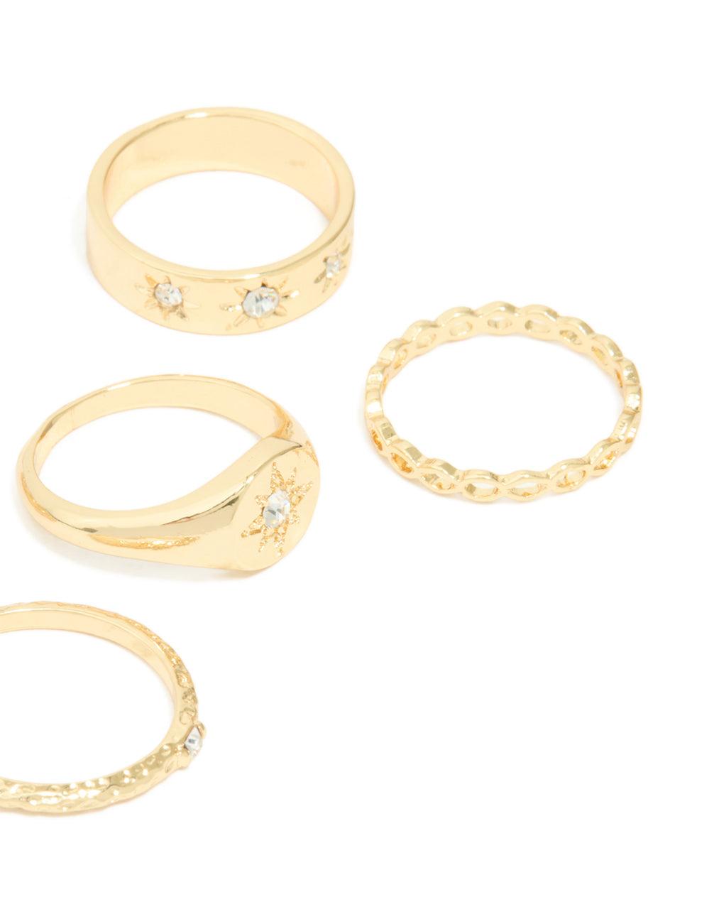 Gold Plated Star Stamped Signet & Textured Rings 5-Pack