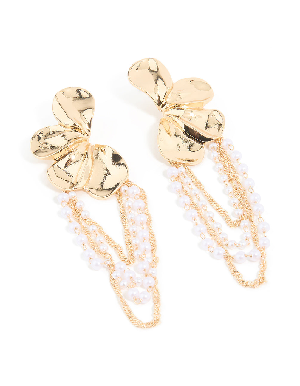 Gold Pearl Statement Floral Chain Drop Earrings