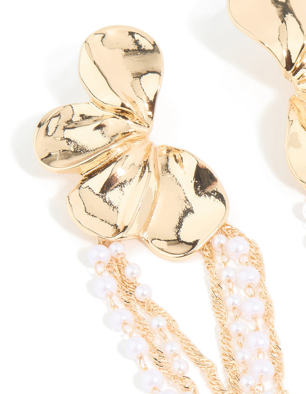 Gold Pearl Statement Floral Chain Drop Earrings