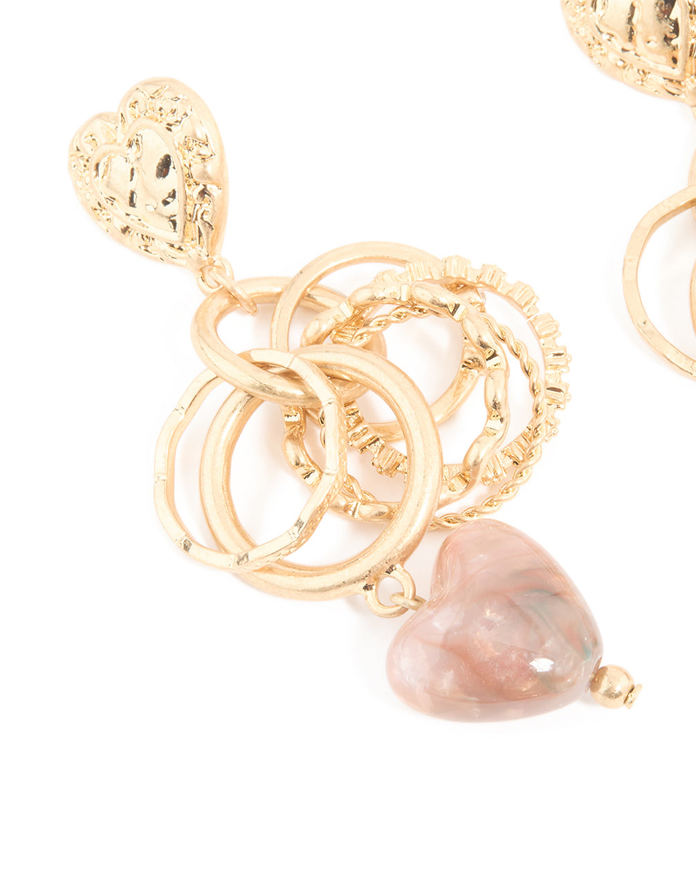 Worn Gold Heart & Ring Textured Drop Earrings