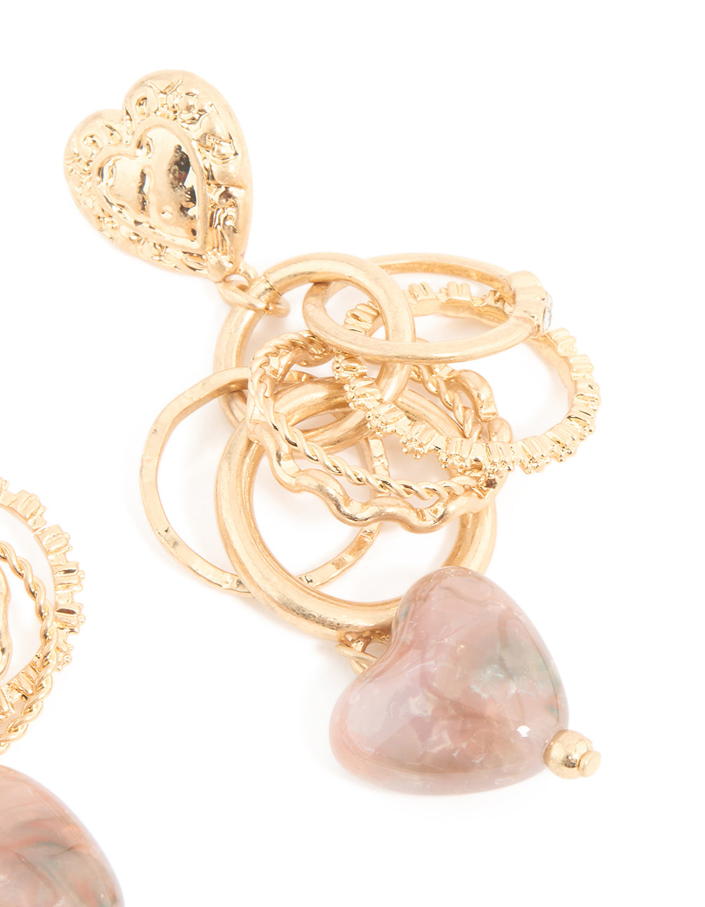 Worn Gold Heart & Ring Textured Drop Earrings