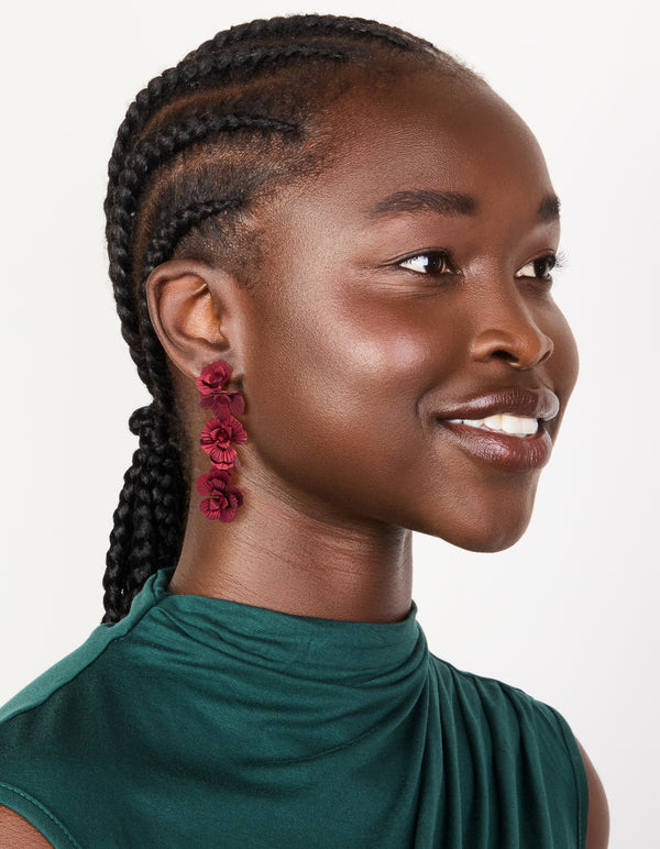 Burgundy Coated Metal Triple Flower Drop Earrings