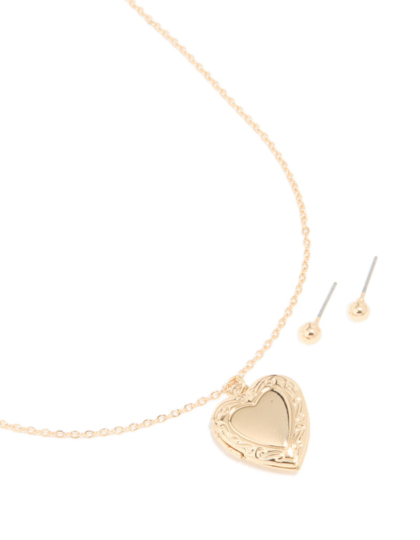 Gold Heart Locket Earring & Necklace Jewellery Set
