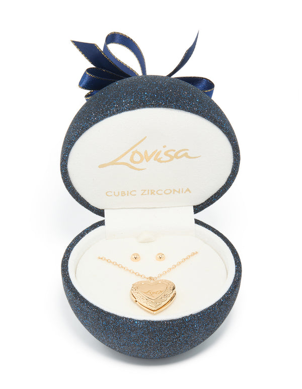 Gold Heart Locket Earring & Necklace Jewellery Set