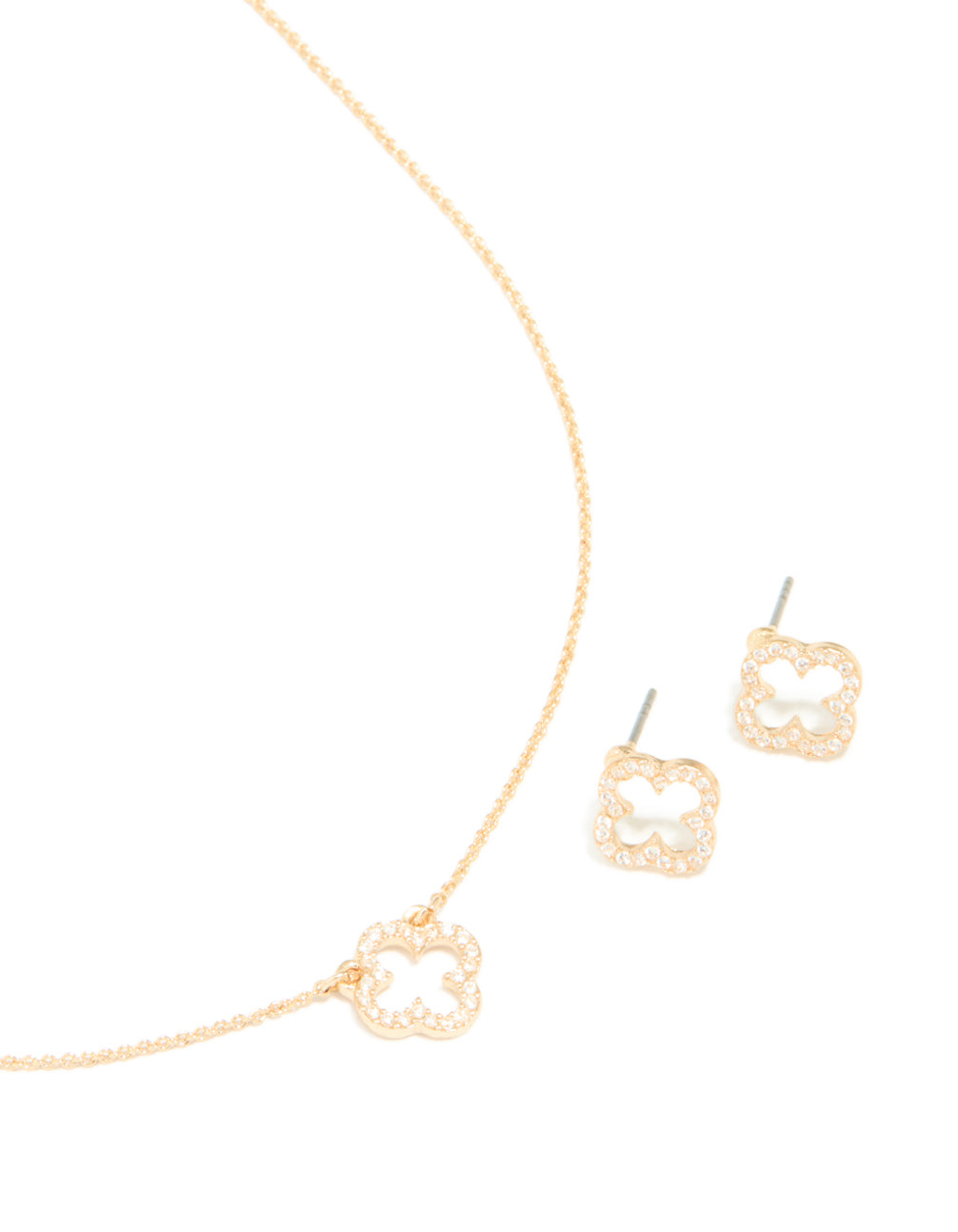 Gold Cubic Zirconia Outline Flower Earring & Necklace Set