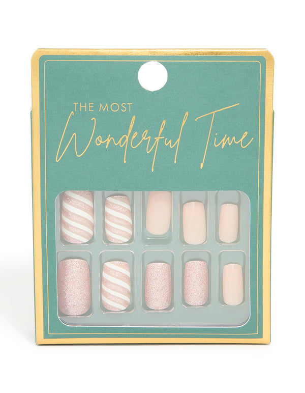 Pink Glitter & Candy Cane Press-On Nail Set