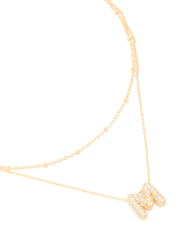 Gold Plated Cubic Zirconia Pave Bubble Letter M Layered Necklace