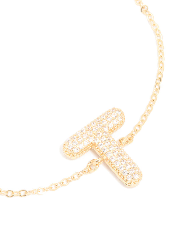 Gold Plated Cubic Zirconia Pave Bubble Letter T Toggle Bracelet