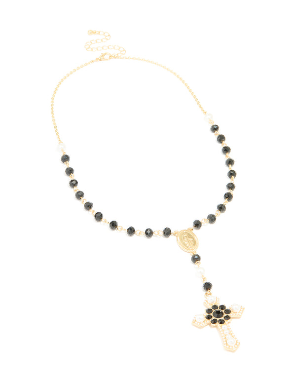 Gold Plated Black Pearl Rosary Necklace