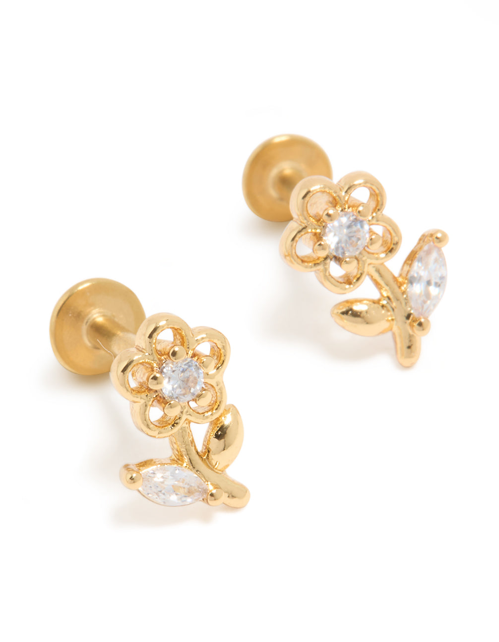 Gold Plated Surgical Steel Cubic Zirconia Flower Stem Flat Back Studs