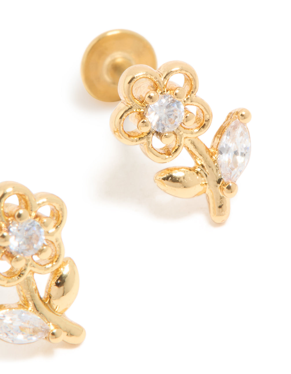 Gold Plated Surgical Steel Cubic Zirconia Flower Stem Flat Back Studs