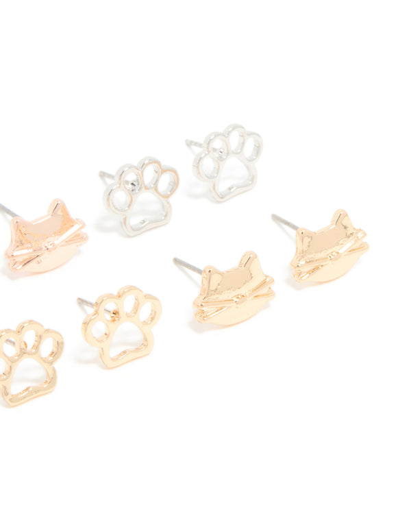 Kids Mixed Metal Dog Paw & Cat Face Stud Earrings 6-Pack