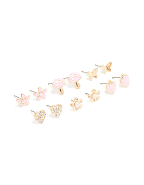 Kids Gold Pastel Pink Strawberry & Mushroom Stud Earrings 6-Pack