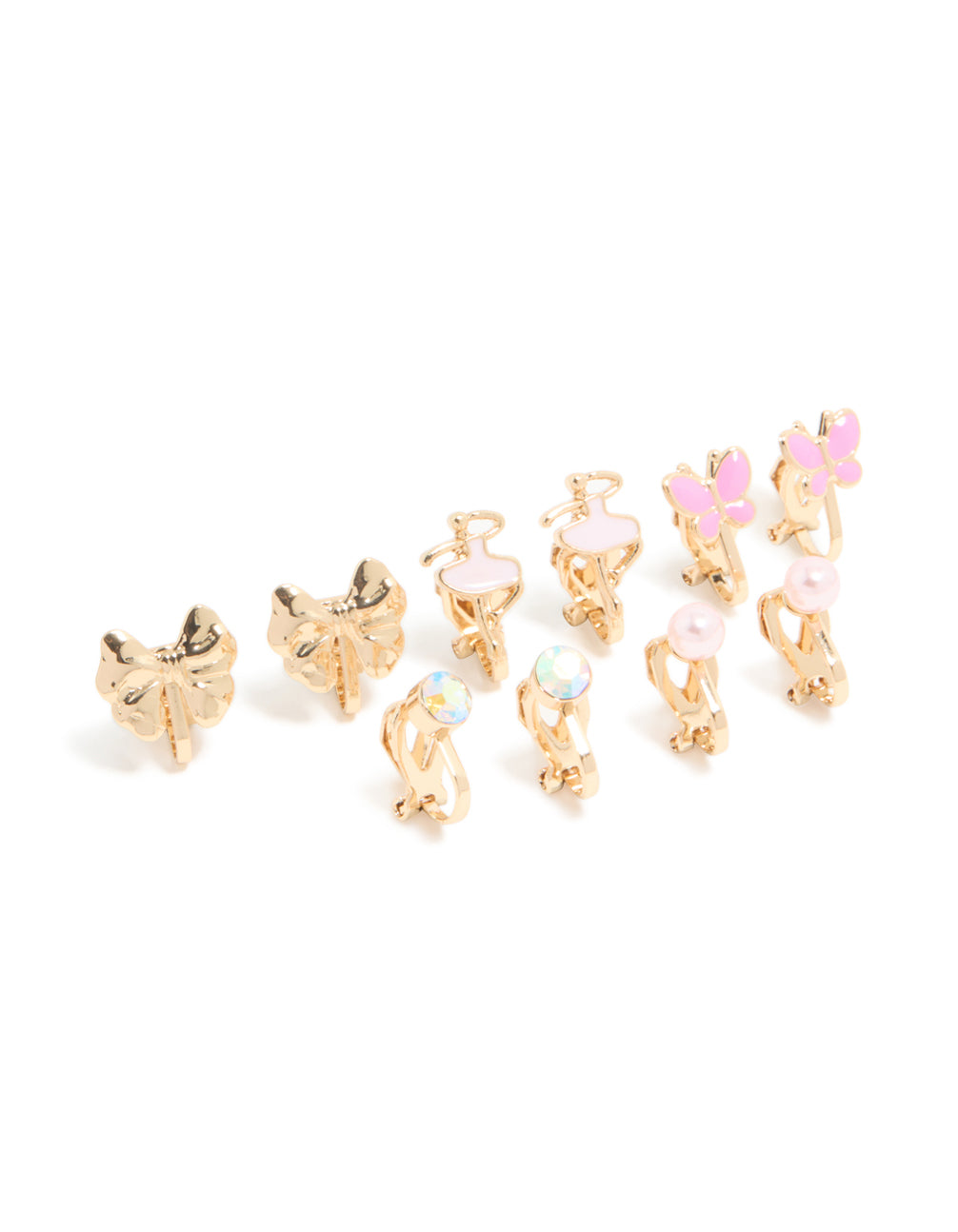 Kids Gold Pink Ballerina & Butterfly Clip-On Earrings 5-Pack