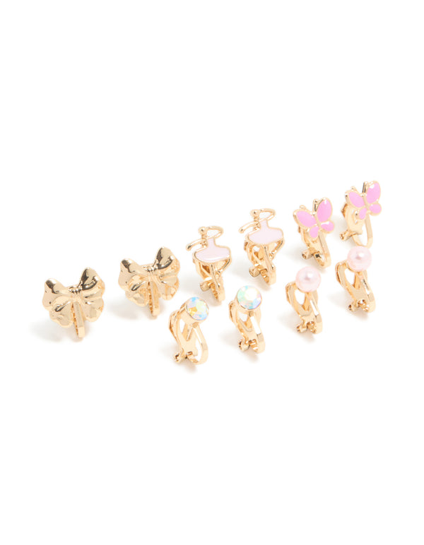 Kids Gold Pink Ballerina & Butterfly Clip-On Earrings 5-Pack