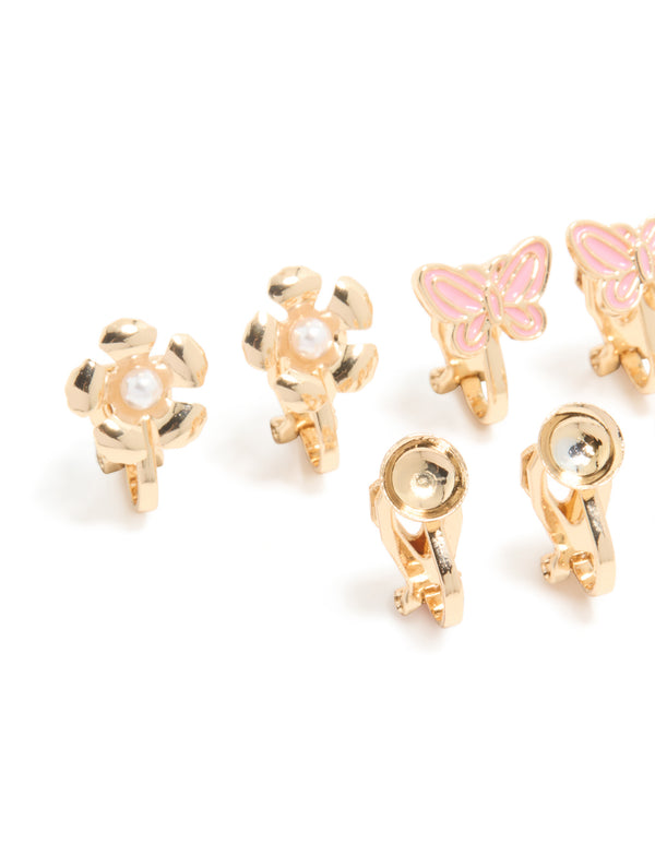 Kids Gold Pink Butterfly & Pearl Centre Flower Clip On Earrings 5-Pack