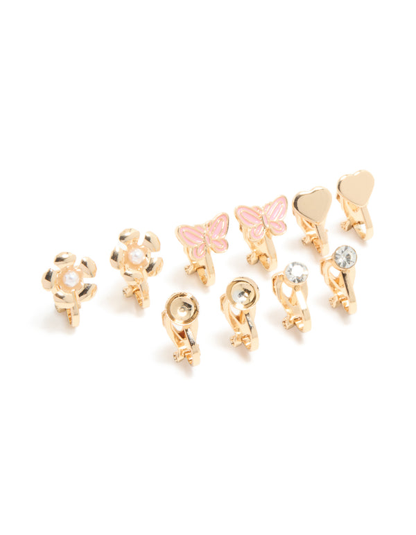 Kids Gold Pink Butterfly & Pearl Centre Flower Clip On Earrings 5-Pack