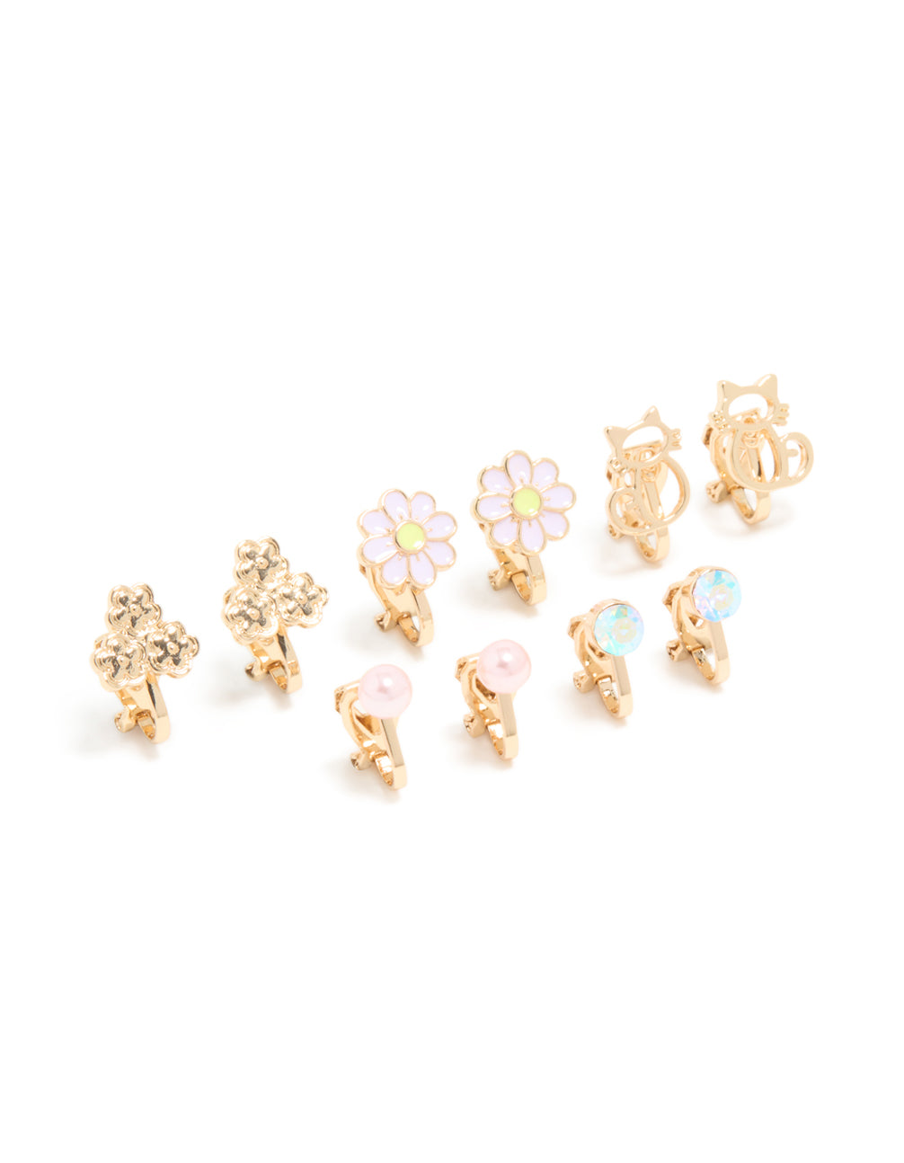Kids Gold Pink Flower & Cat Outline Clip On Earrings 5-Pack