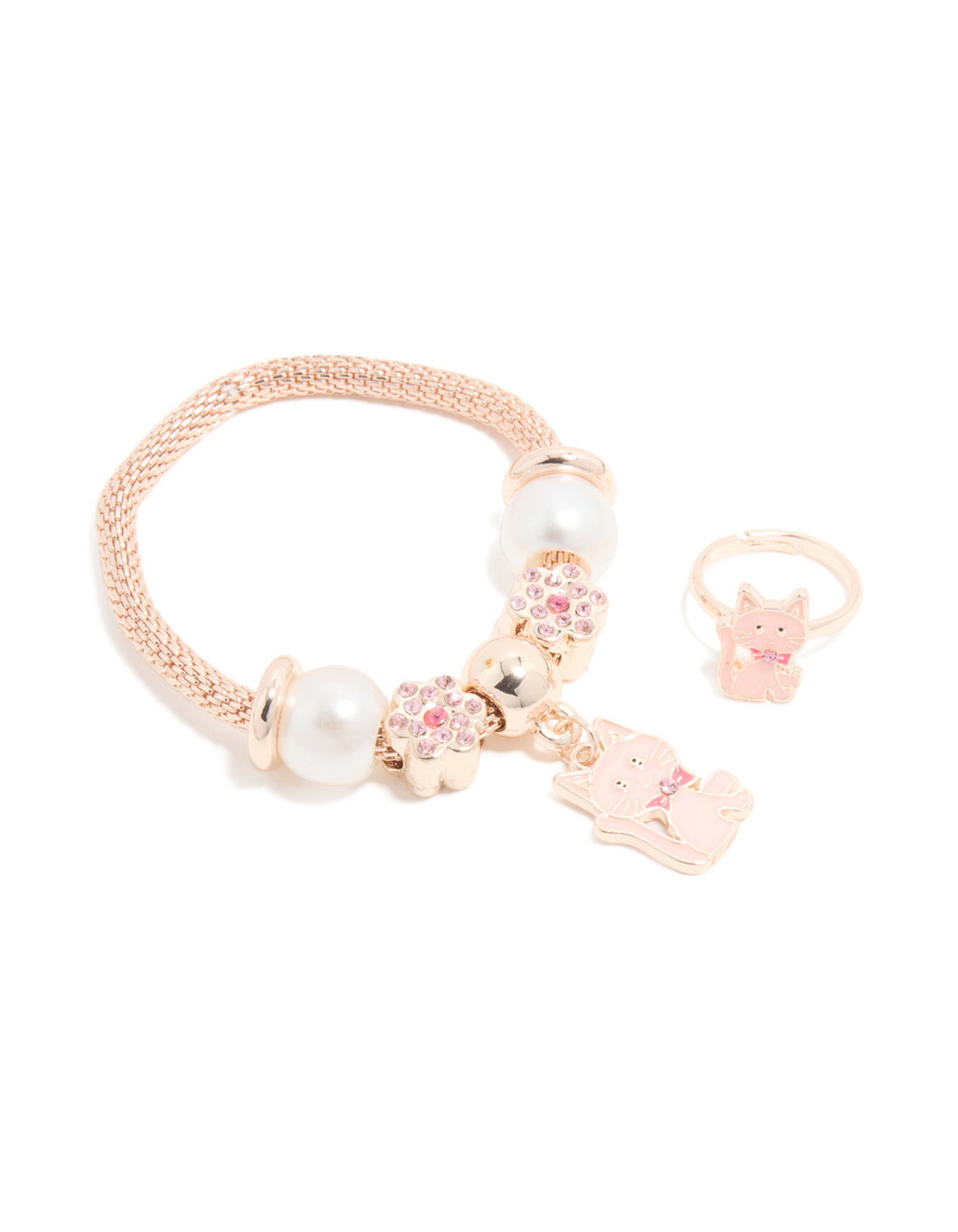 Kids Gold Pink Pearl Cat Stretch Charm Bracelet & Ring Set