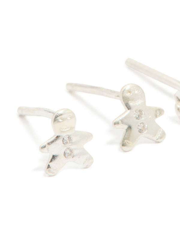 Sterling Silver Cubic Zirconia Xmas Gingerbread Man & Candy Stud Earrings 2-Pack